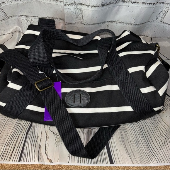 Madden Girl Black White Striped Duffle Bag - Picture 7 of 9